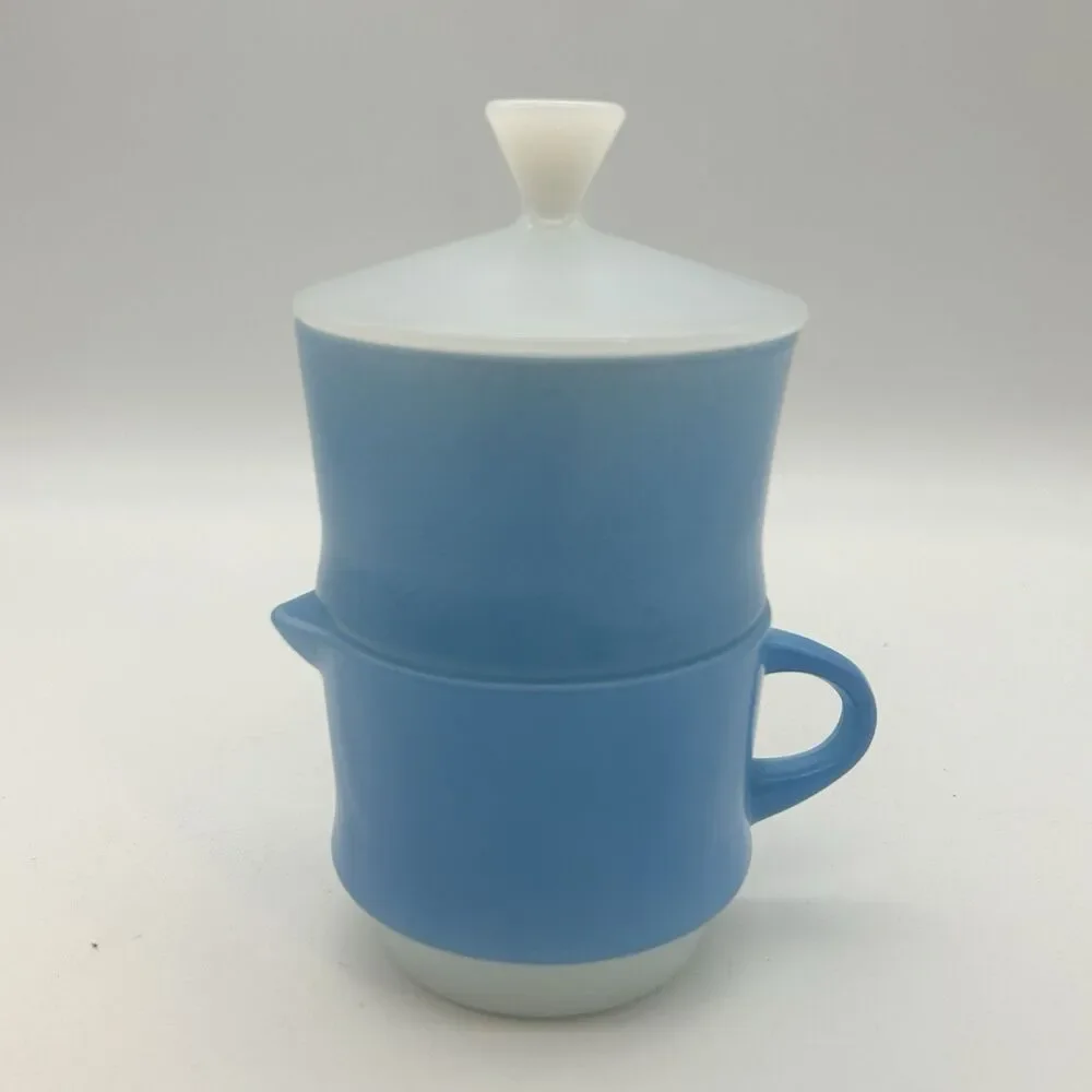 Vintage Fire-King Blue Mosaic Sugar Bowl & Creamer Set w/Lid Milk Glass